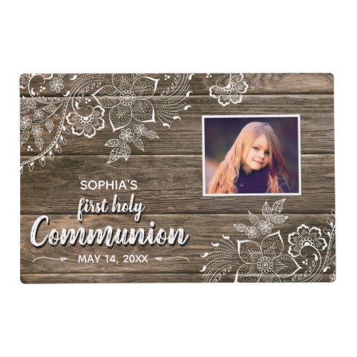 Rustic Wood Lace First Holy Communion Photo Placemat