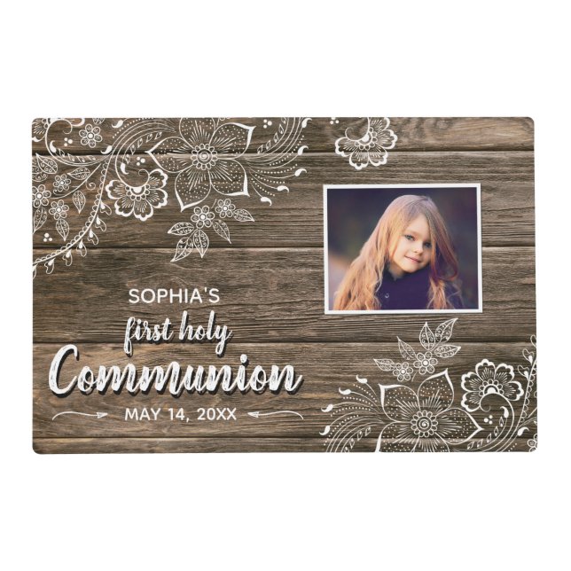 Rustic Wood Lace First Holy Communion Photo Placemat (Front)