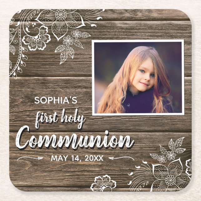 Rustic Wood Lace First Holy Communion Photo Square Paper Coaster (Front)