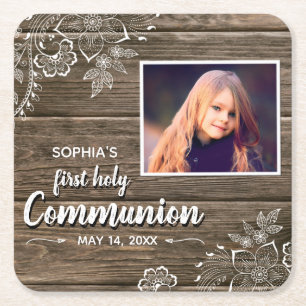 Rustic Wood Lace First Holy Communion Photo Square Paper Coaster