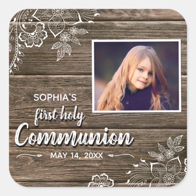 Rustic Wood Lace First Holy Communion Photo Square Sticker (Front)