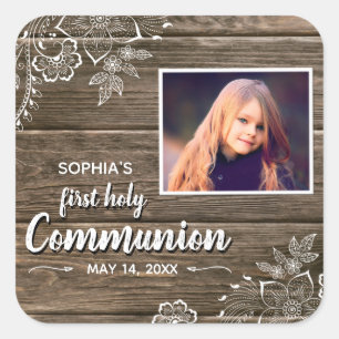 Rustic Wood Lace First Holy Communion Photo Square Sticker
