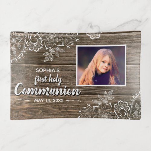 Rustic Wood Lace First Holy Communion Photo Trinket Tray