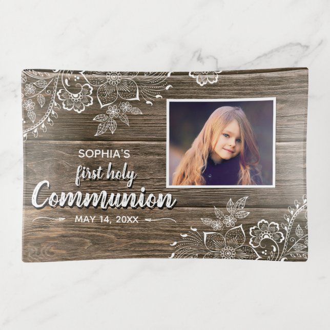 Rustic Wood Lace First Holy Communion Photo Trinket Tray (Front)