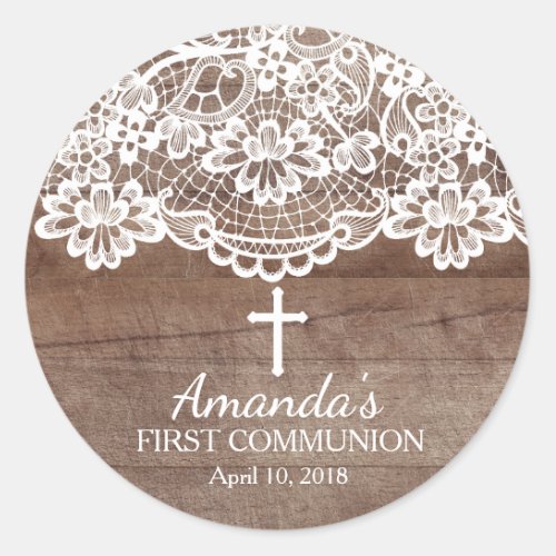 Rustic Wood Lace First Holy Communion Sticker