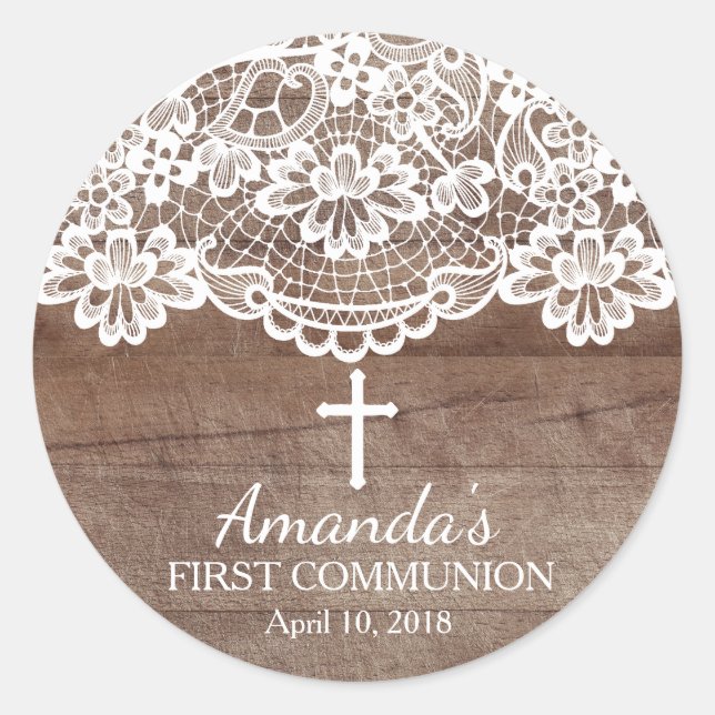 Rustic Wood Lace First Holy Communion Sticker (Front)