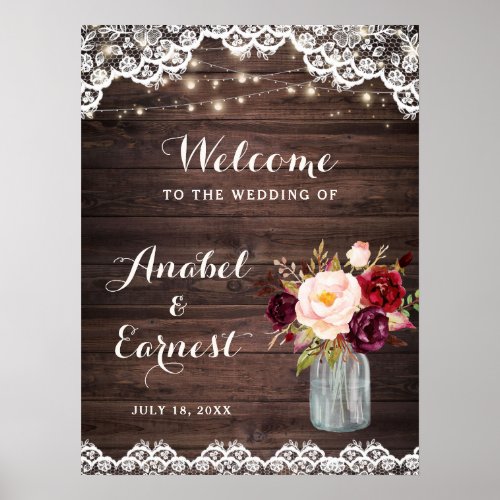 Rustic Wood Lace Floral Blush Wedding Welcome Sign