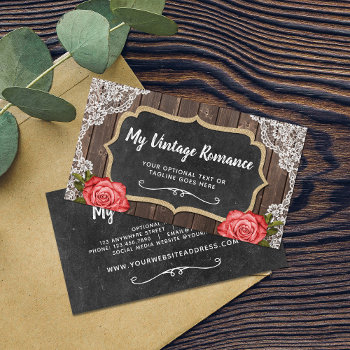 Rustic Wood & Lace Floral Chalkboard Country Chic Business Card by CyanSkyDesign at Zazzle