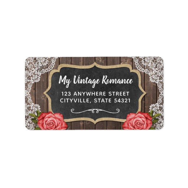 Rustic Wood & Lace Floral Chalkboard Country Chic Label (Front)