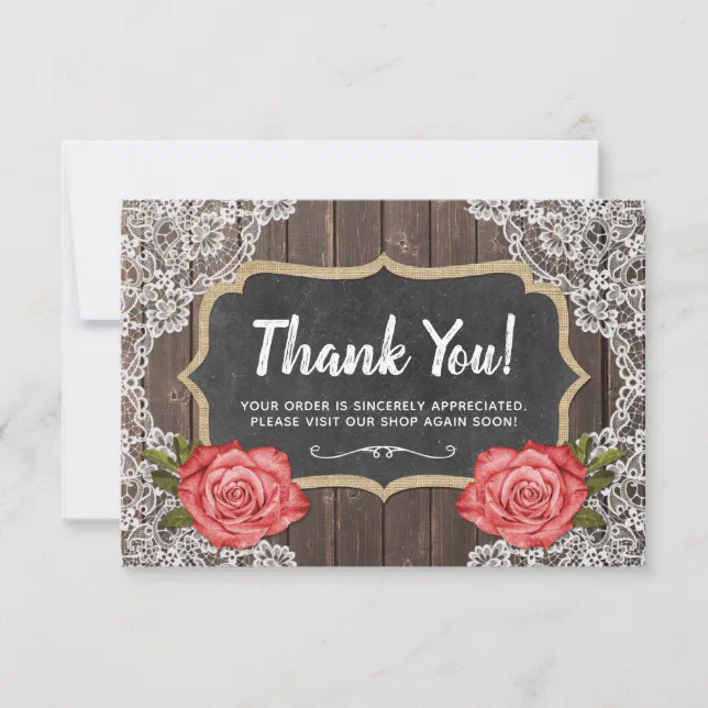 Rustic Wood & Lace Floral Chalkboard Thank You Card | Zazzle