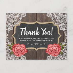 Rustic Wood & Lace Floral Chalkboard Thank You Postcard