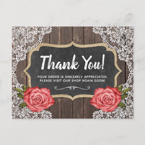 Rustic Wood  Lace Floral Chalkboard Thank You Postcard
