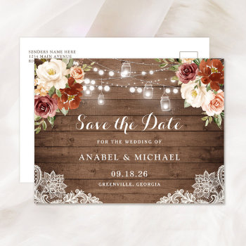 Rustic Wood Lace Floral Fall Save The Date Announcement Postcard by CheriDesigns at Zazzle
