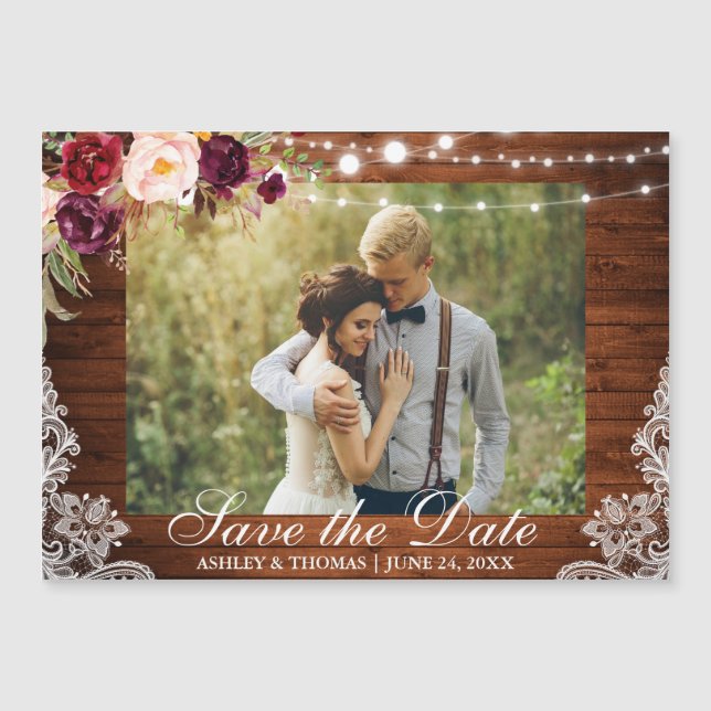 Rustic Wood Lace Floral Magnetic Save the Date (Front)