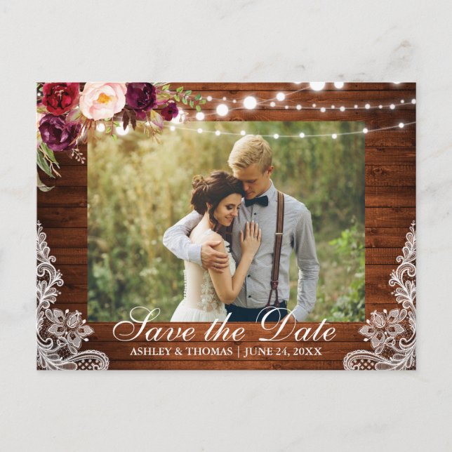 Rustic Wood Lace Floral Save the Date Back Text Announcement Postcard (Front)