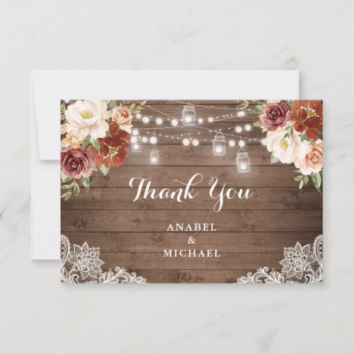 Rustic Wood Lace Floral String Light Fall Wedding Thank You Card