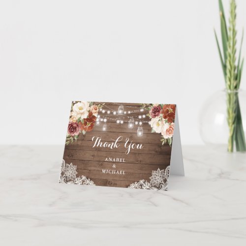 Rustic Wood Lace Floral String Light Fall Wedding Thank You Card