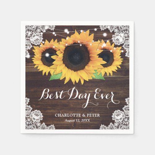 Rustic Wood Lace Floral Sunflower Wedding Napkins