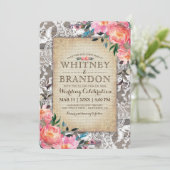 Rustic Wood Lace Floral Vintage Burlap Wedding Invitation (Standing Front)