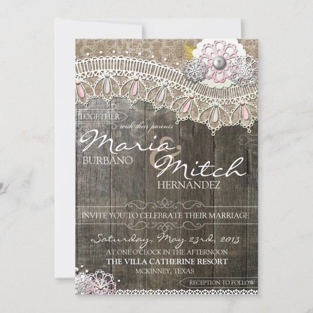 Rustic Wood & Lace Floral Wedding Invitation (Front)