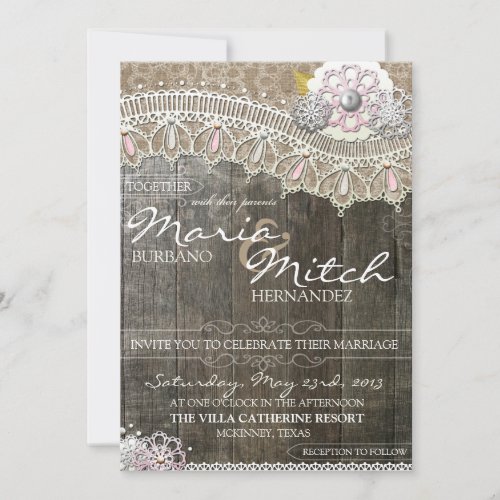 Rustic Wood &amp; Lace Floral Wedding Invitation