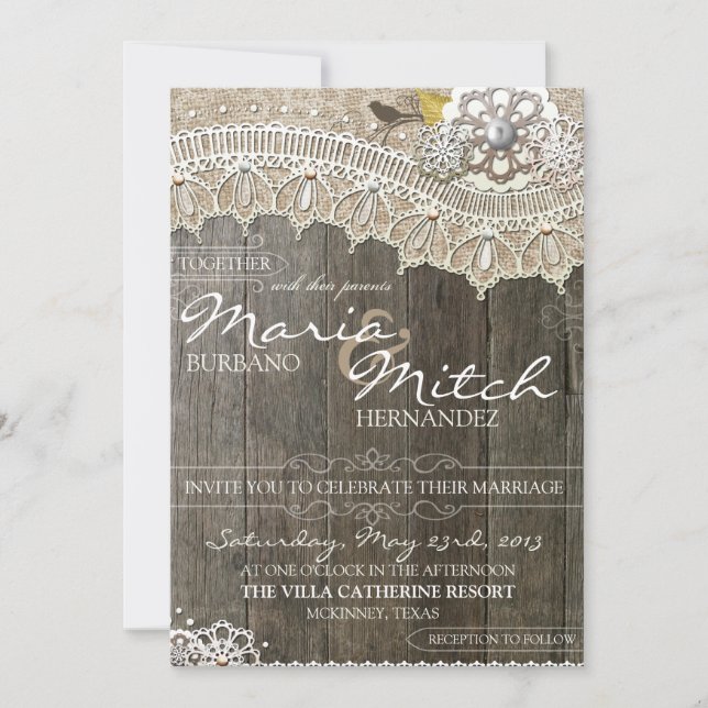 Rustic Wood & Lace Floral Wedding Invitation (Front)