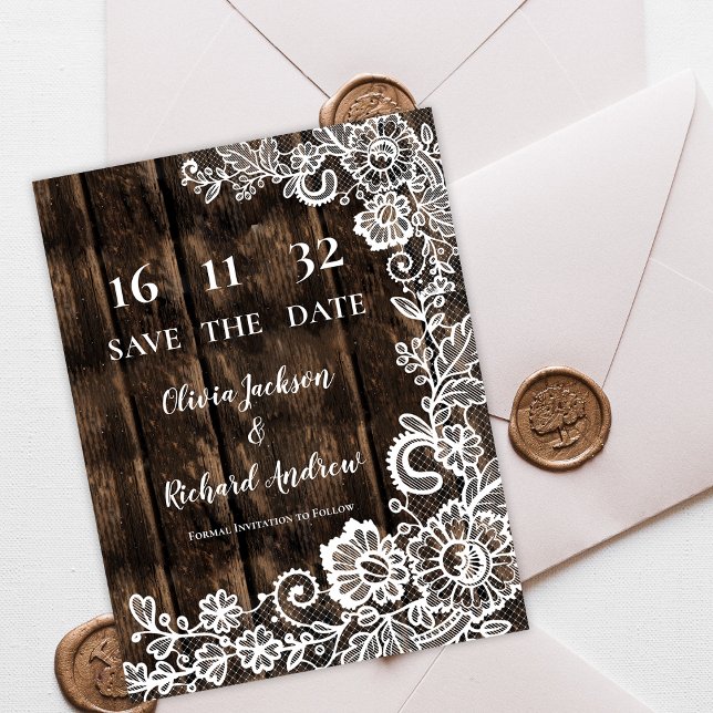 Rustic Wood Lace Floral Wedding Save the Date Postcard (Rustic Wood Lace Floral Wedding Save the Date Postcard)