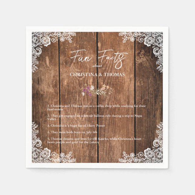 Rustic Wood Lace Fun Facts Barn Wedding Napkins (Front)