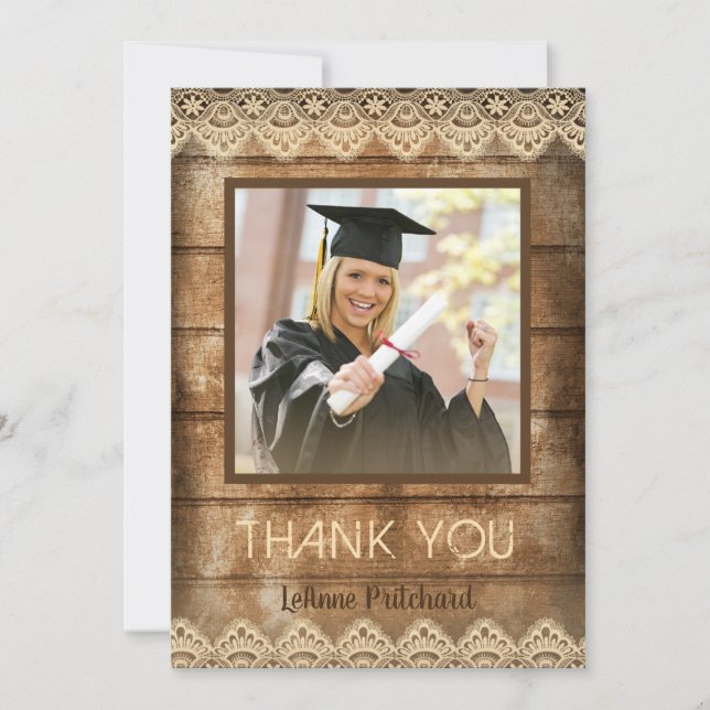 Rustic Wood Lace Graduation Photo Thank You (Front)