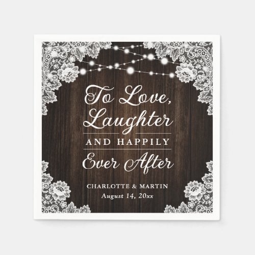 Rustic Wood Lace Happily Ever After Wedding Napkins