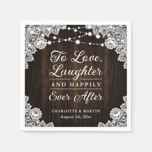 Rustic Wood Lace Happily Ever After Wedding Napkins (Front)