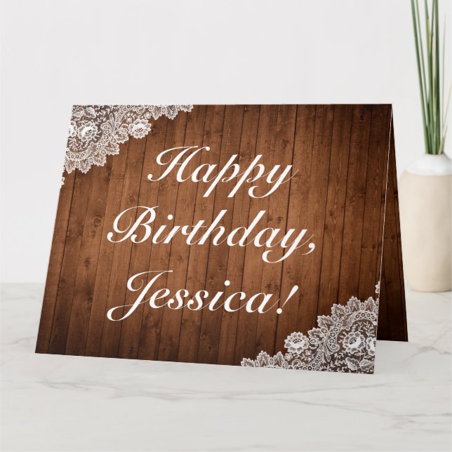 Rustic Wood & Lace Happy Birthday Folded Greeting Card (Front)