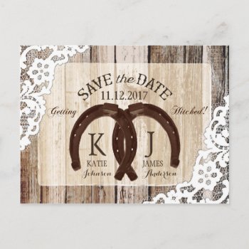 Rustic Wood Lace Horseshoe Country Save The Date Announcement Postcard by NouDesigns at Zazzle