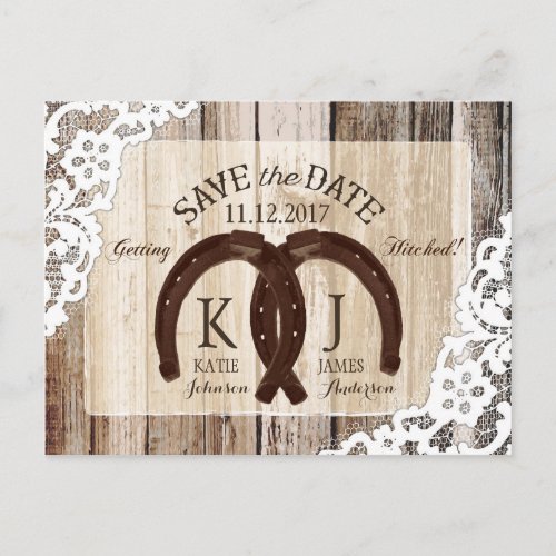 Rustic Wood Lace Horseshoe Country Save the Date Announcement Postcard