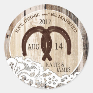 Rustic Wood Lace Horseshoe Country Wedding Classic Round Sticker