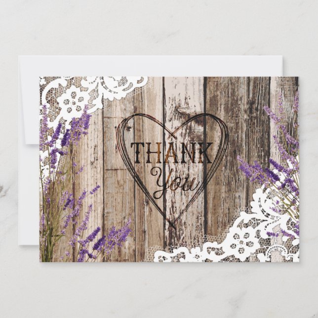 Rustic Wood Lace Lavender Heart Etching Thank You (Front)