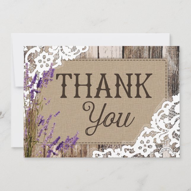 Rustic Wood Lace Lavender Heart Etching Thank You (Front)