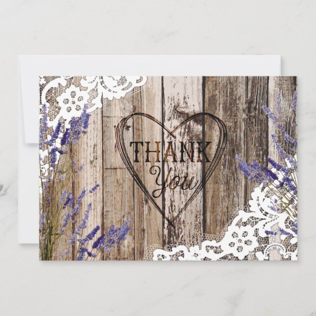 Rustic Wood Lace Lavender Heart Etching Thank You Card (Front)