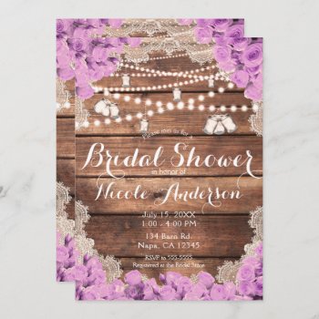Rustic Wood Lace Lavender Roses Bridal Shower Invitation by printabledigidesigns at Zazzle