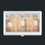 Rustic Wood Lace & Lighted Mason Jar Business Card Holder<br><div class="desc">Rustic Wood Lace & Lighted Mason Jar Business Card Holder. Customize with any text or leave it blank.</div>