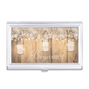 Rustic Wood Lace & Lighted Mason Jar Business Card Holder