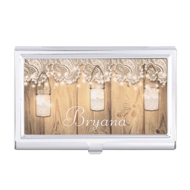Rustic Wood Lace & Lighted Mason Jar Business Card Holder (Front)
