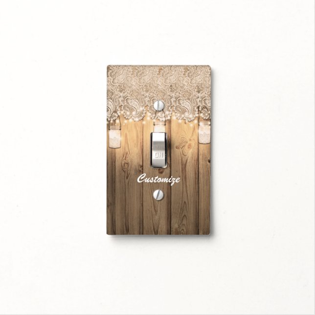 Rustic Wood Lace & Lighted Mason Jar Country Light Switch Cover (In Situ)