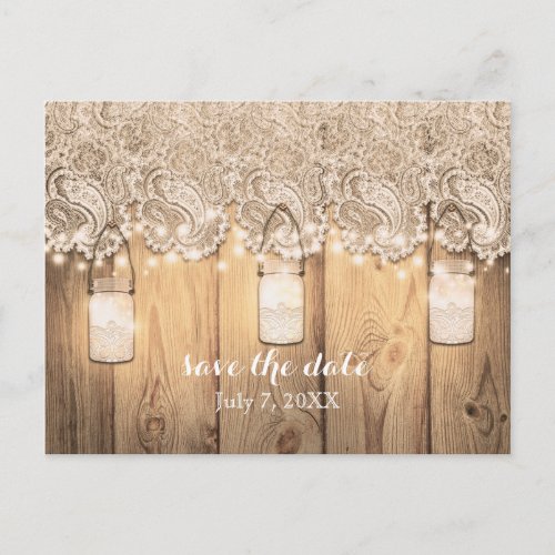 Rustic Wood Lace  Lighted Mason Jar Save The Date Announcement Postcard