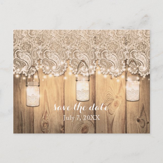 Rustic Wood Lace & Lighted Mason Jar Save The Date Announcement Postcard (Front)