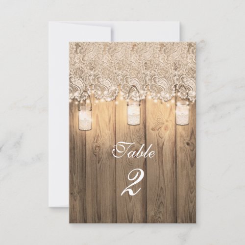 Rustic Wood Lace  Lighted Mason Jar Table Number