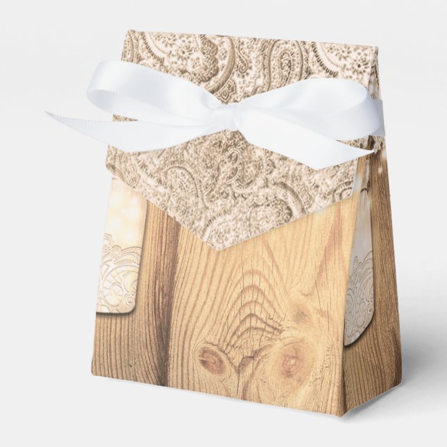 Rustic Wood Lace & Lighted Mason Jar Wedding Favor Boxes (Front Side)