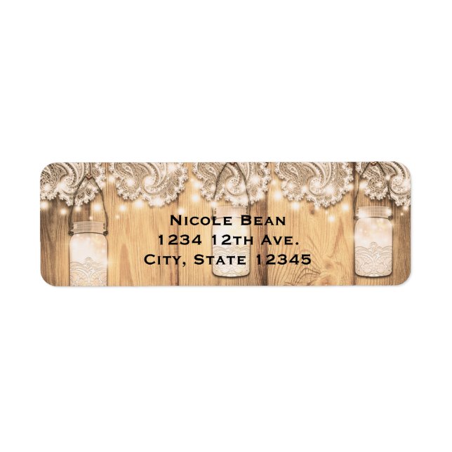 Rustic Wood Lace & Lighted Mason Jar Wedding Label (Front)