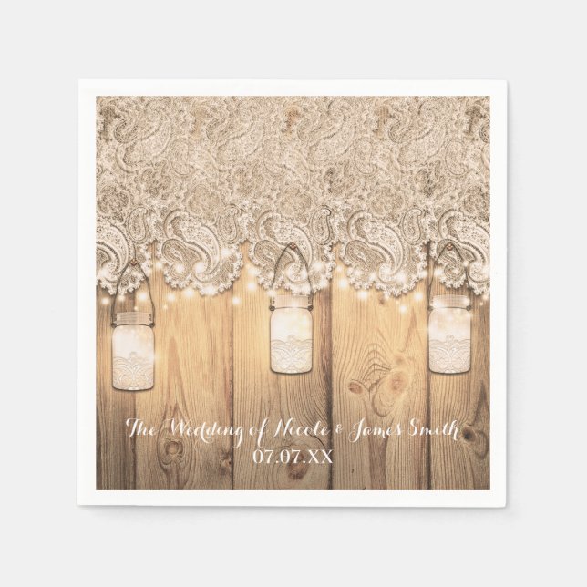 Rustic Wood Lace & Lighted Mason Jar Wedding Paper Napkins (Front)