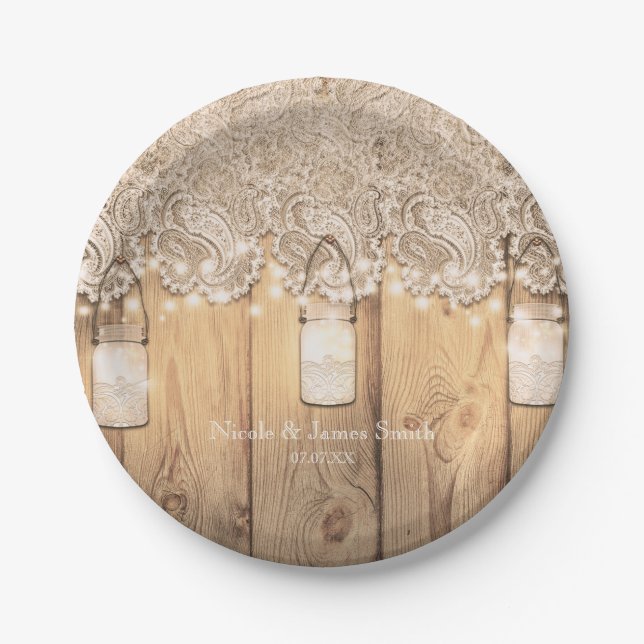 Rustic Wood Lace & Lighted Mason Jar Wedding Paper Plates (Front)